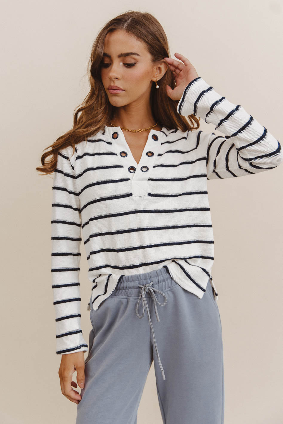 Franny Striped Grommet Top in Navy - FINAL SALE