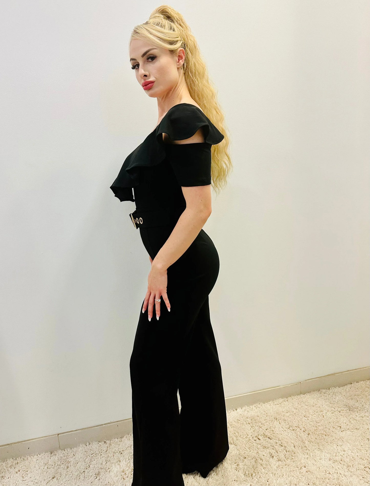 Black Jumpsuit Ruffle Detailed Fashion Jumpsuit with Belt