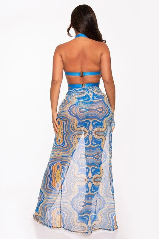 2 PCs Wave Strappy Swimsuit and Sarong Set - Royal Blue
