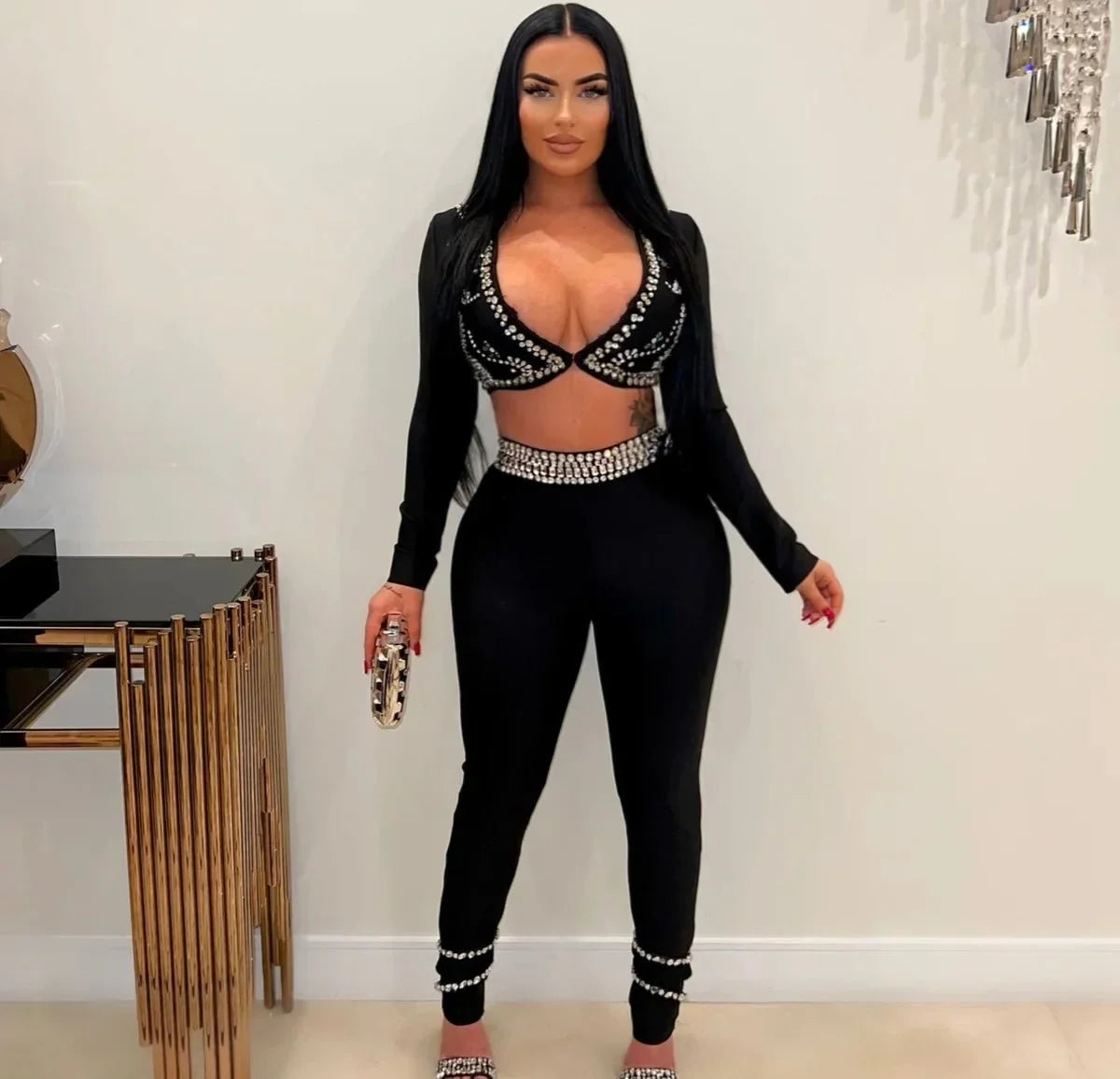 Embellished Two Piece Bandage Pant Set ( Black)
