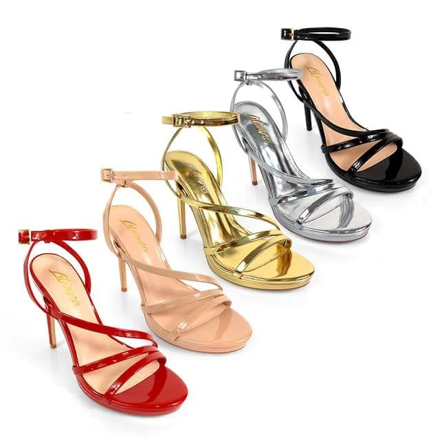 Jordie Black Strappy Heels with Patent Finish & Ankle Strap