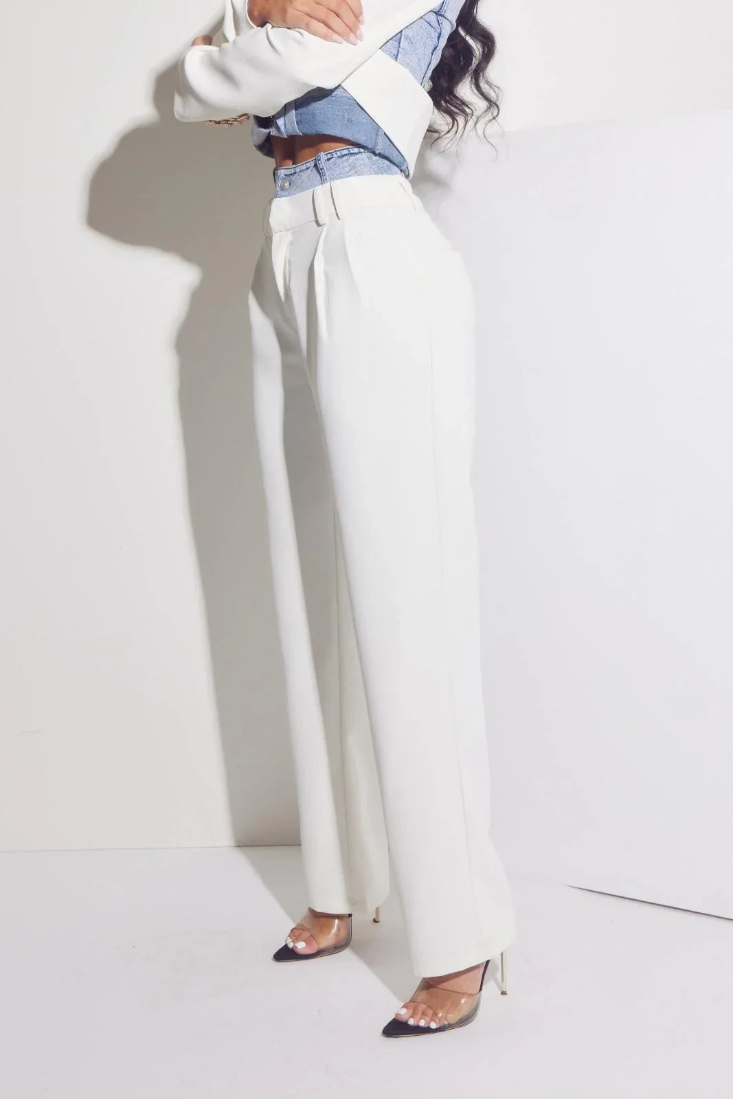 Luxe Denim Contrast Blazer & Pants Set Ivory Light Wash