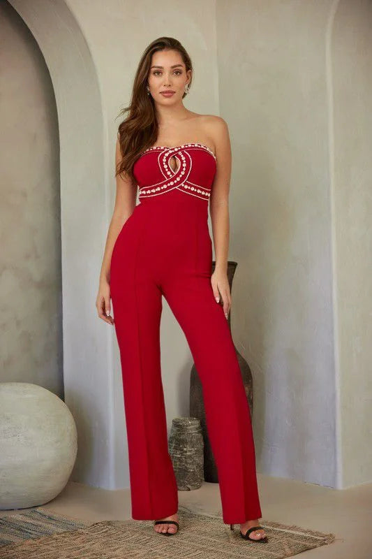 Luxe Rhinestone Strapless Jumpsuit (red)