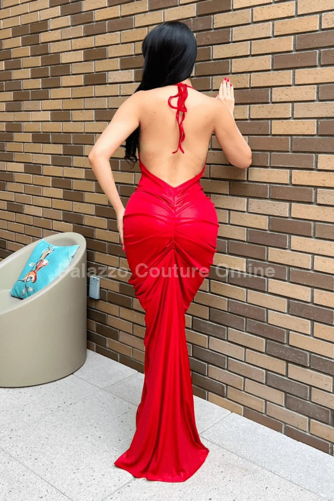 Luxe Draped Evening Gown Dress (Red)