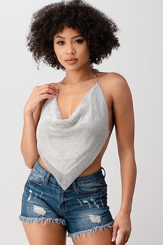 Metallic Rhinestone Backless Cowl Light Silver Crop Top