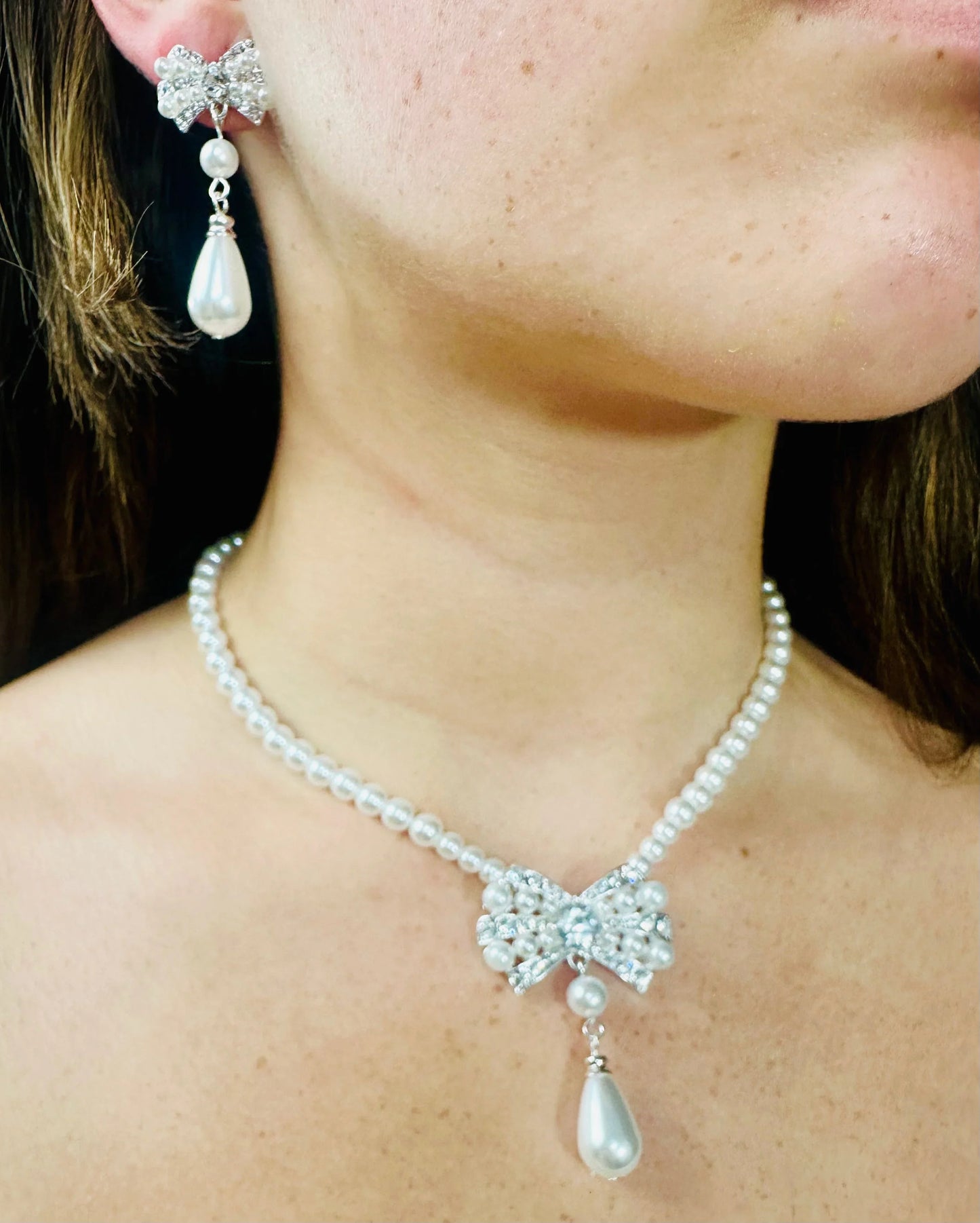 Pearl Blossom Drop Necklace 2pc Set (Silver)