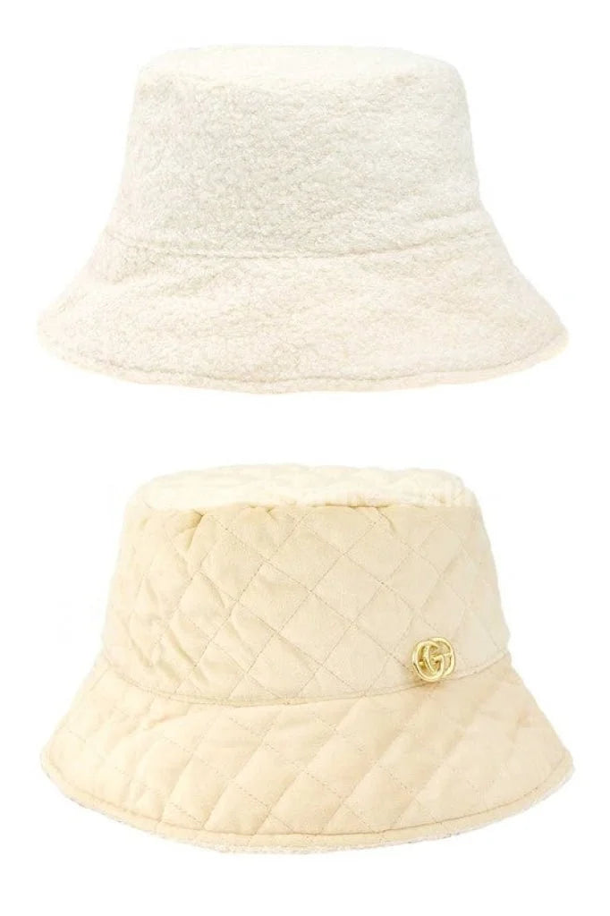 Quilted Velvet and Fur Reversible GO Bucket Hat (Ivory, Beige)