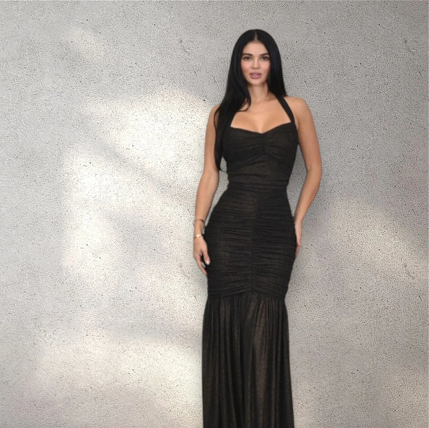 Radiant Nights Metallic Foil Ruched Maxi Dress - Black