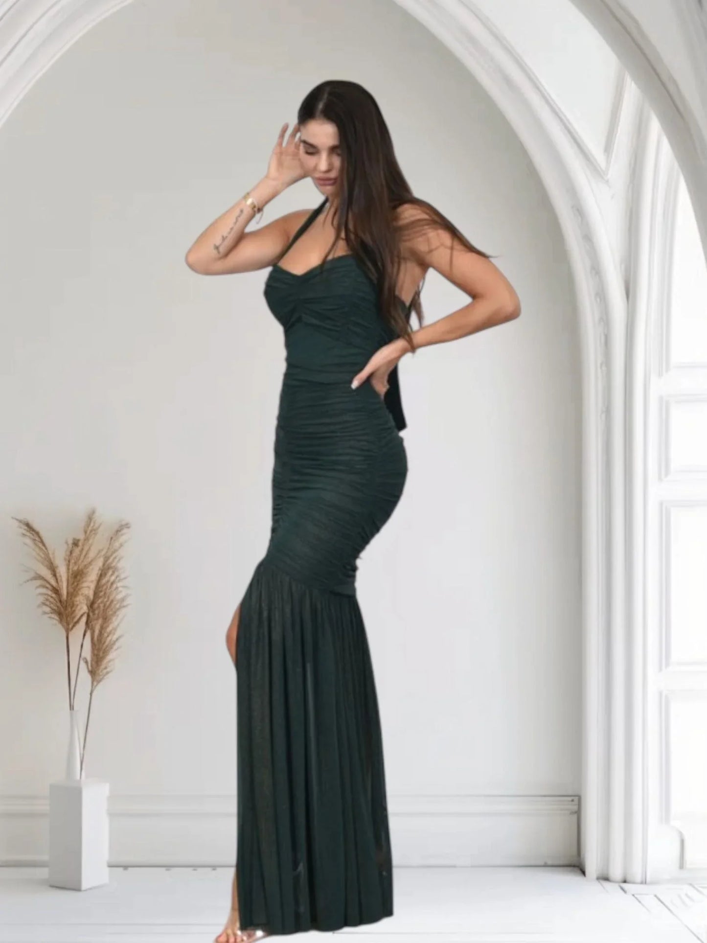 Radiant Nights Metallic Foil Ruched Maxi Dress - Forest