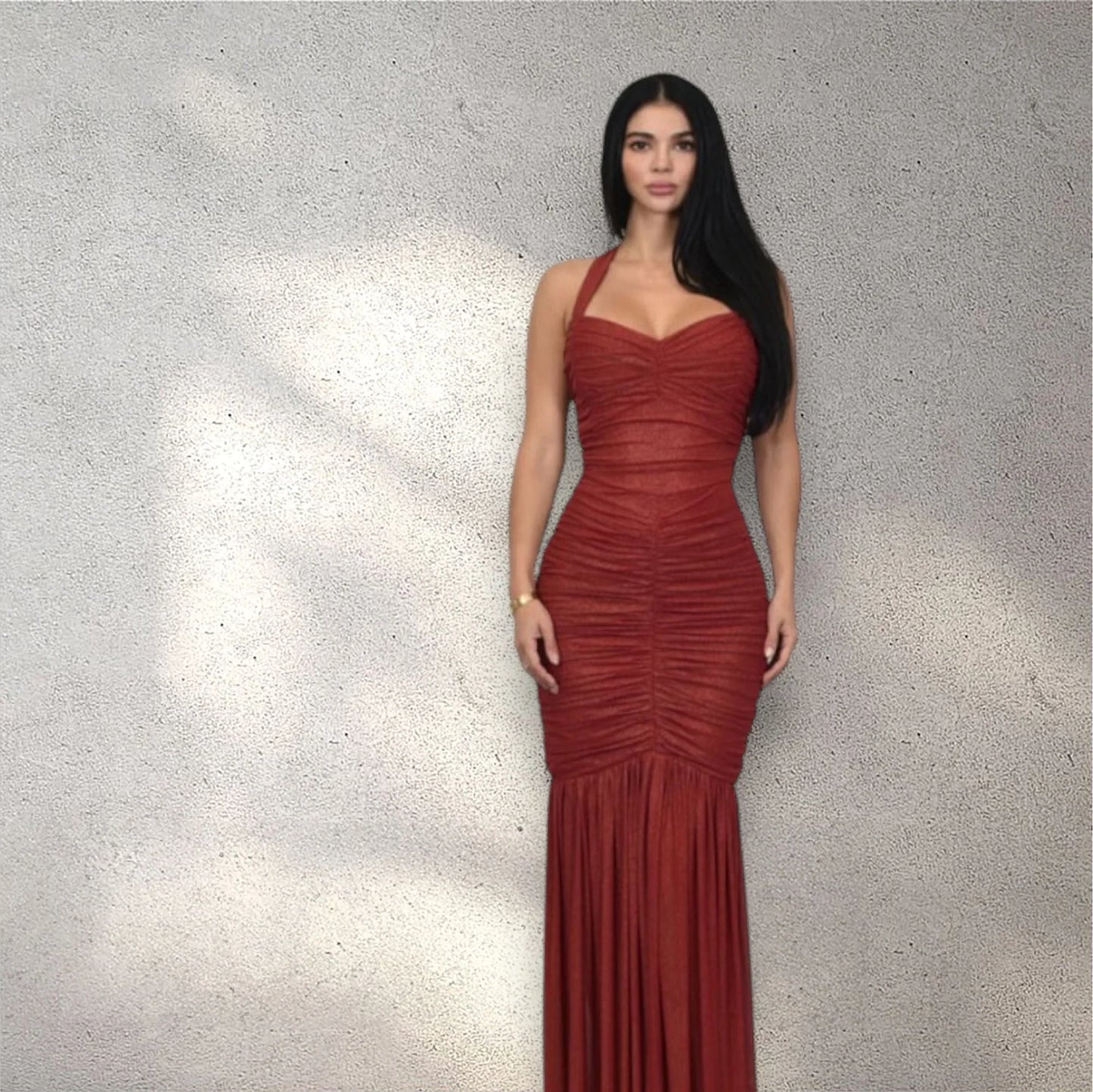 Radiant Nights Metallic Foil Ruched Maxi Dress - Red