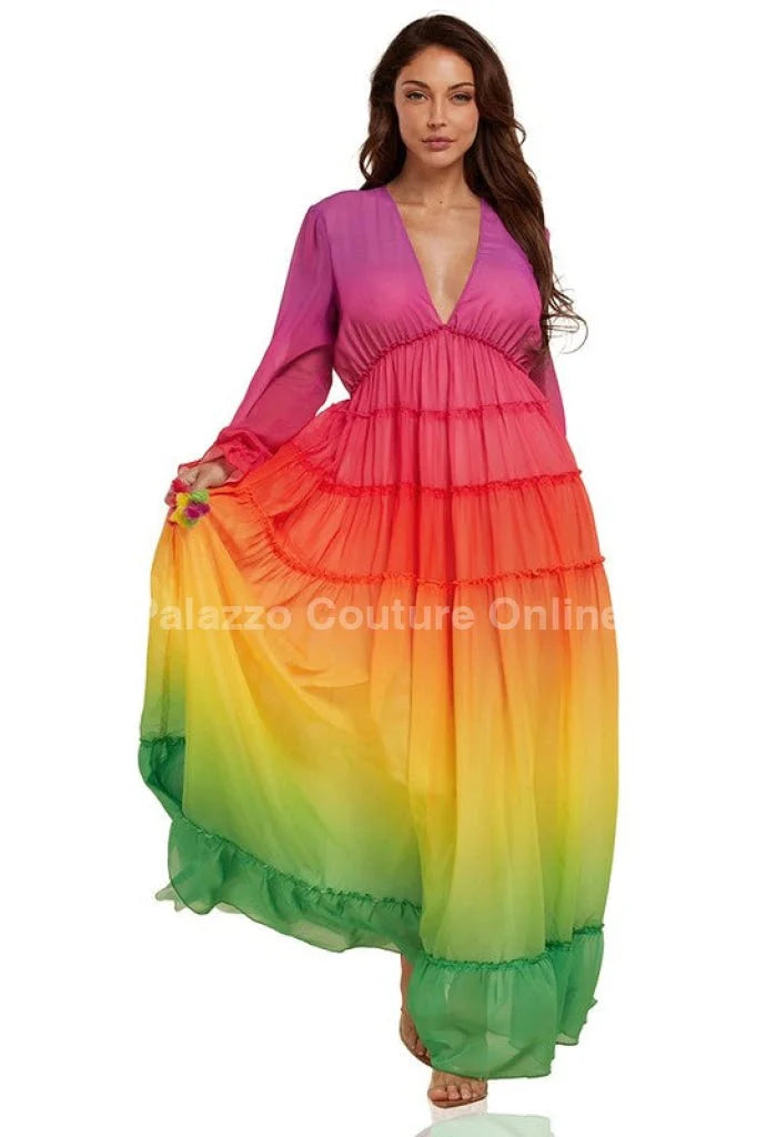Rainbow Tassel Detailing Pleated Maxi Dress
