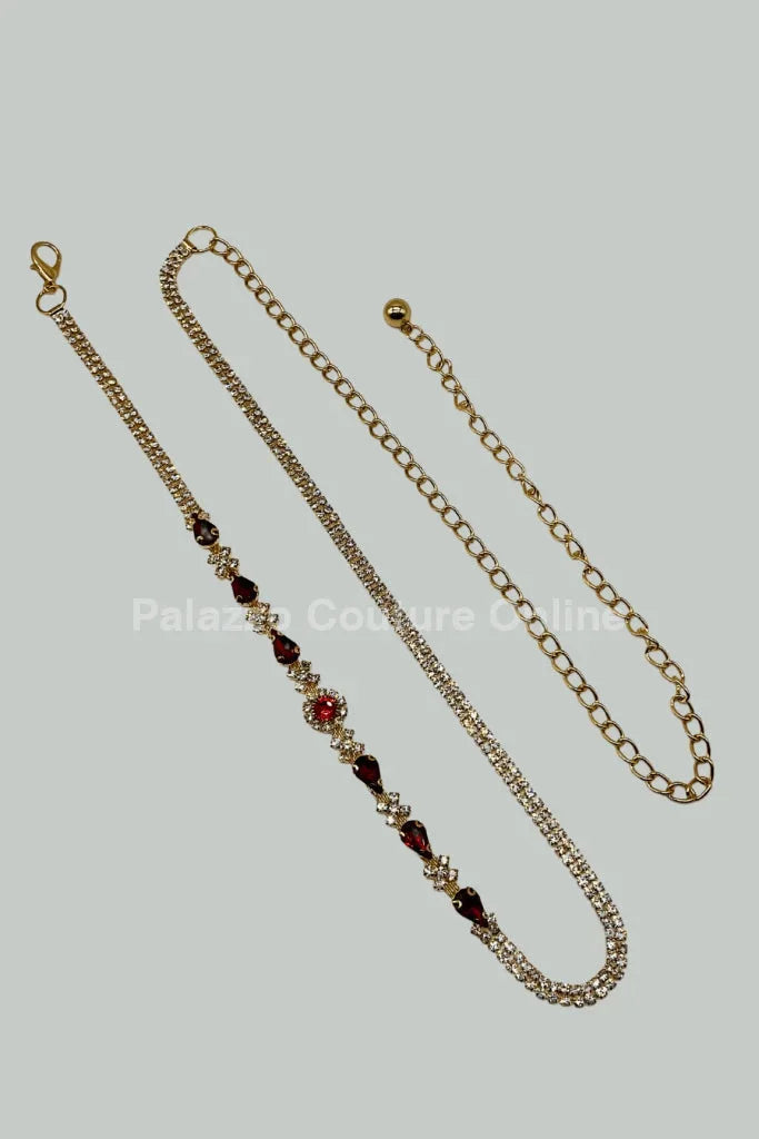 Red Tear Rhinestone Chain Belt (Gold)