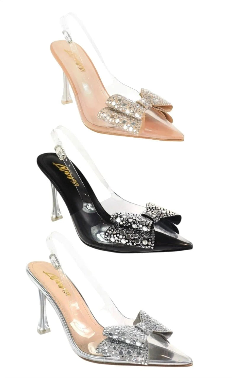 Sakina Crystal Bow Heels Nude with Pointed Toe & Sculpted Heel
