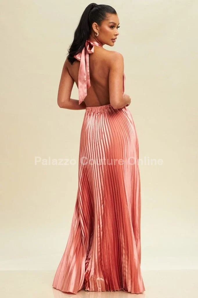 Satin Pleated Halter Maxi Dress (Rose)