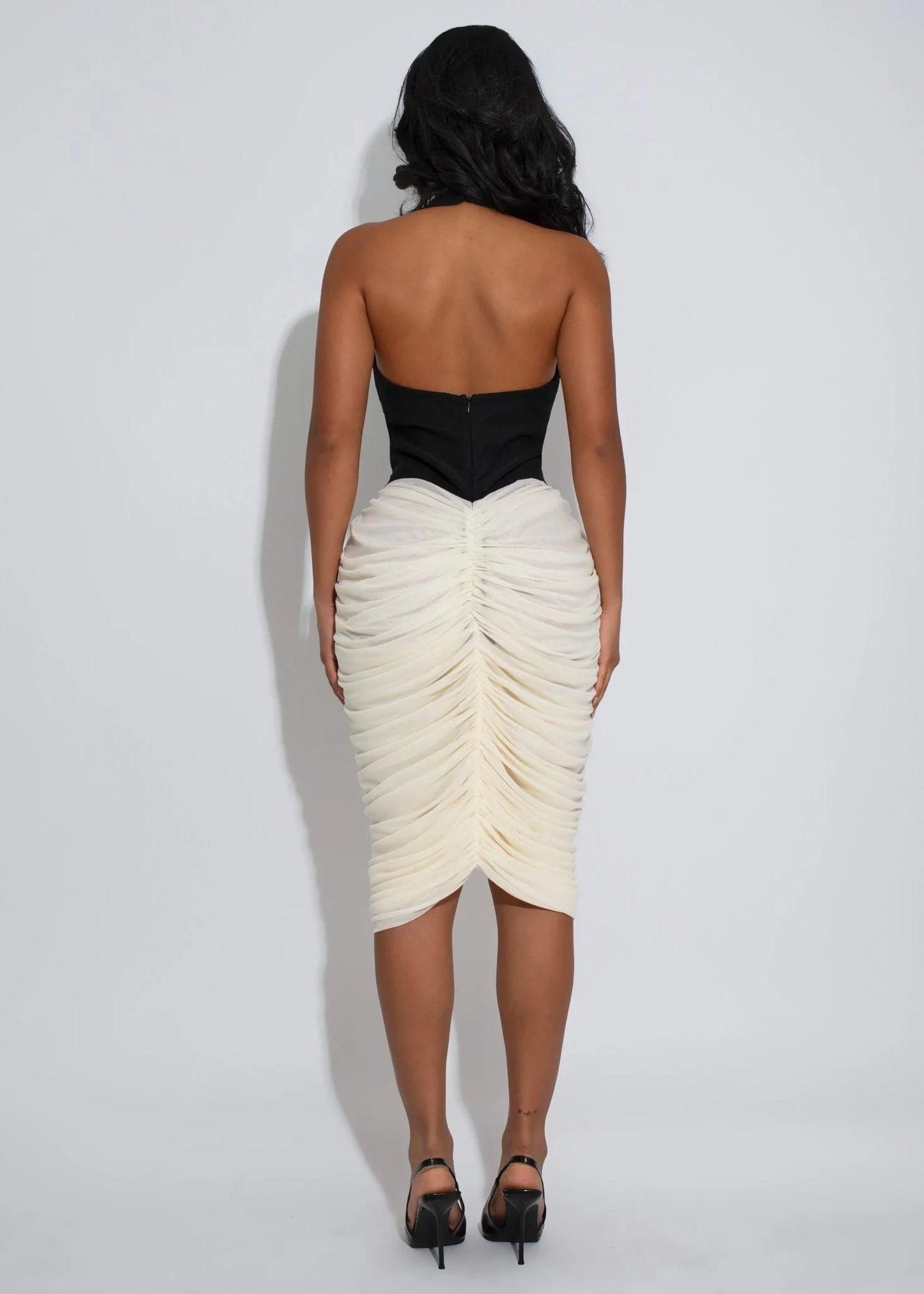 Sculpted Grace Ruched Midi Dress with High Neck Contrast Detail