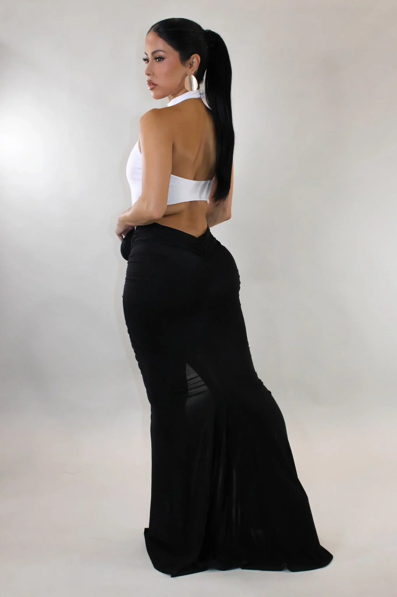 Sculpted Illusion Ruched Halter Maxi Dress - White/Black