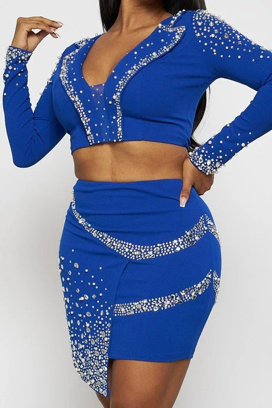 Special Meetings Blue Skirt Set with Rhinestone Crop Top