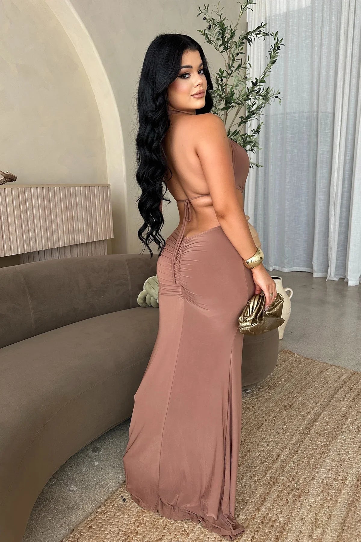 Sultry Cut-Out Ring Maxi Dress - Brown