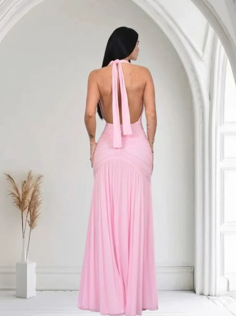 Sultry Plunge Halter Maxi Dress - Baby Pink