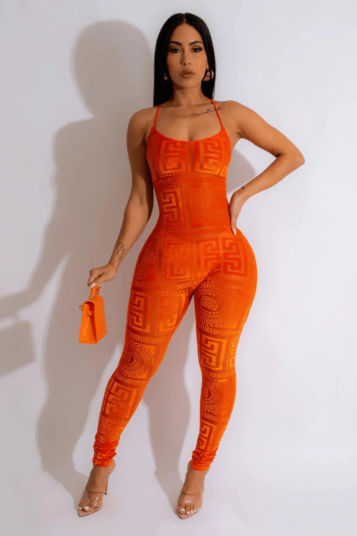 Velvet Mesh Jumpsuit – Next Destination Velvet Mesh Jumpsuit (Orange)