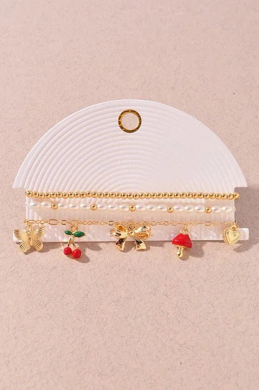 Whimsical Charm 3 piece Bracelet Set Gold Red