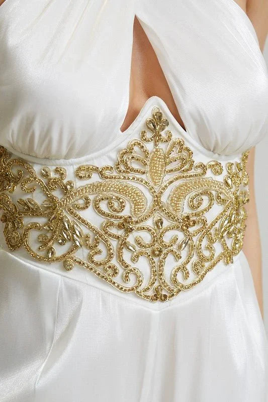 White Embellished Halter Jumpsuit