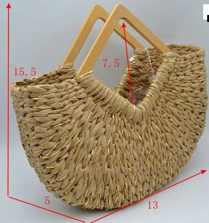 Wood Handle Straw Tote Bag (Peach)