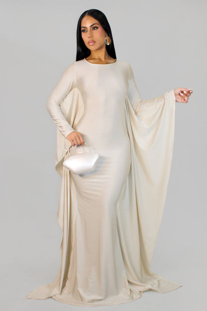 Sculpted Elegance Cape Sleeve Maxi Dress - Cream