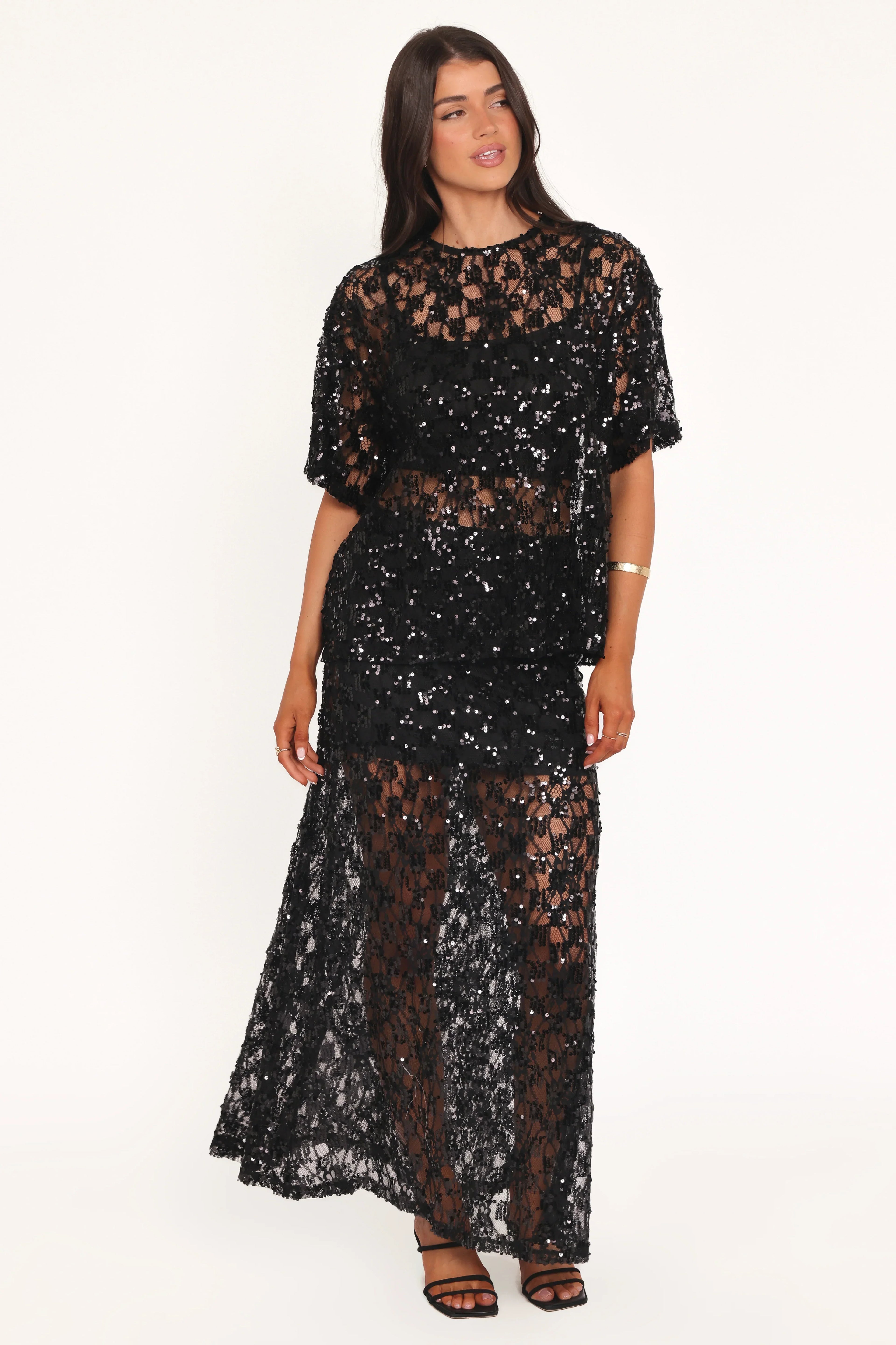 Yonder Sheer Lace Tee Top - Black