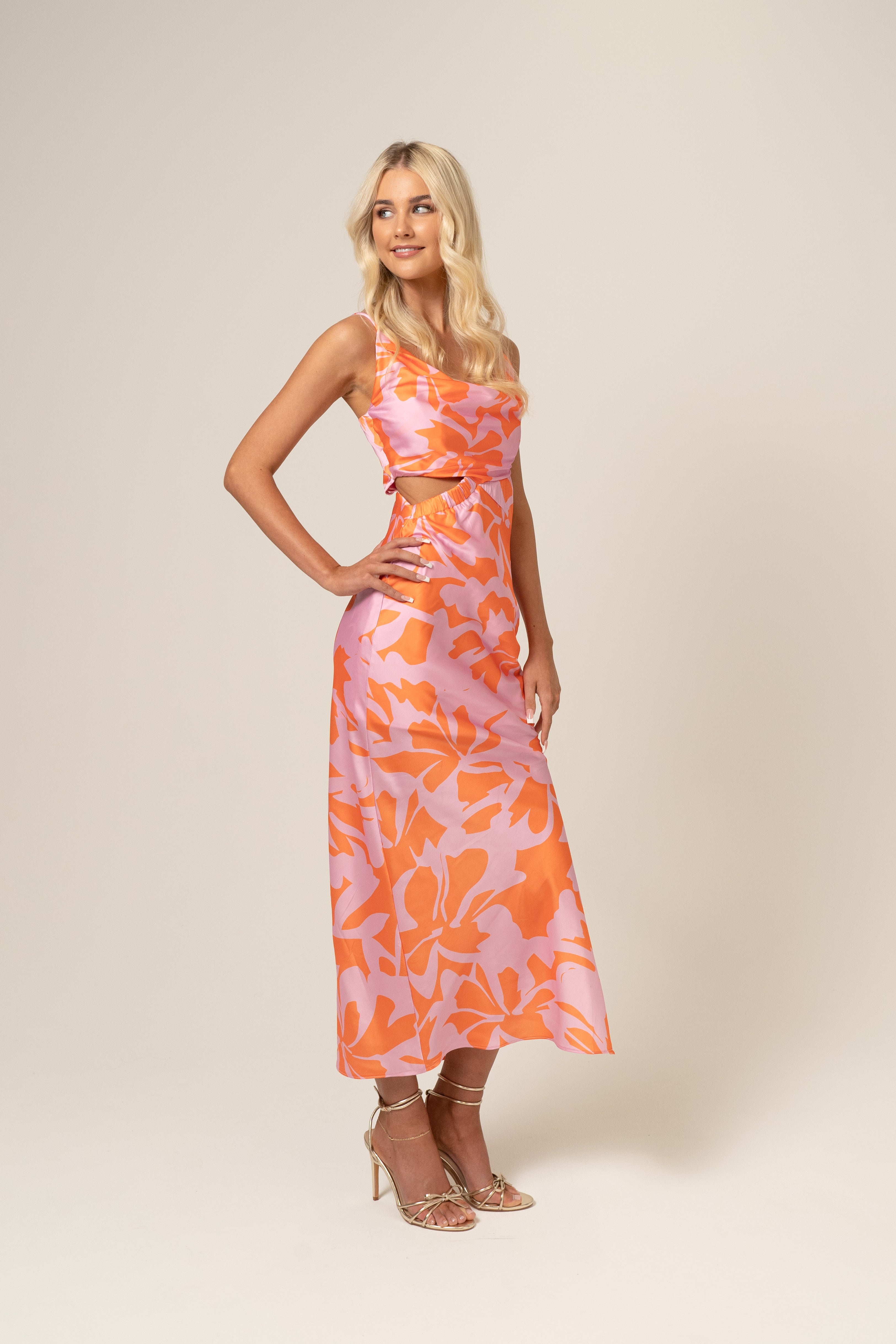 Sadie Satin Midi Dress with Waist Cut Out