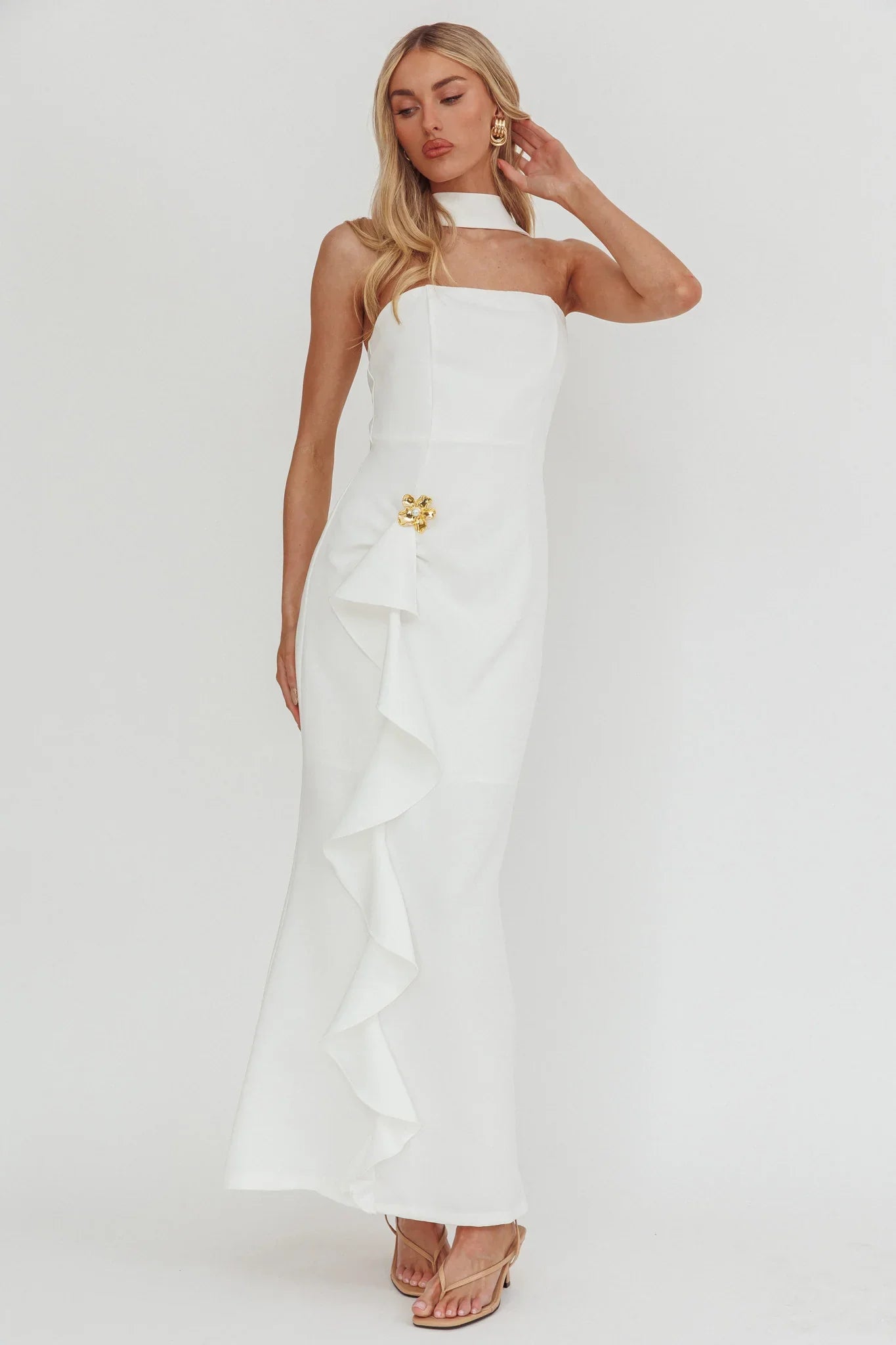Selora Strapless Ruffle Maxi Dress White