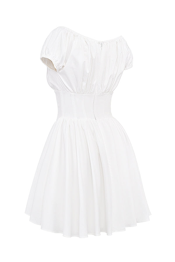 white cotton gathered mini dress