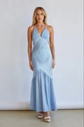 Lucinda Halter V-Neck Open Back Satin Midi Dress