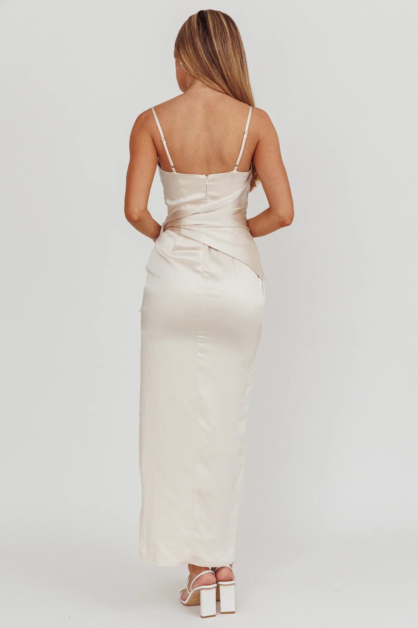 Celestine Waist Tie Satin Maxi Dress Light Champagne