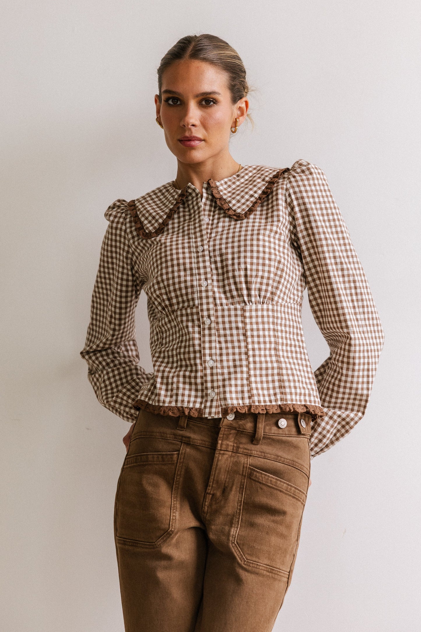 Brenna Gingham Blouse in Mocha - FINAL SALE