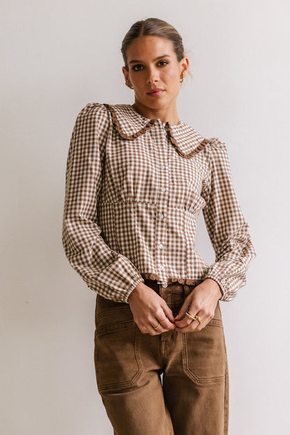 Brenna Gingham Blouse in Mocha - FINAL SALE