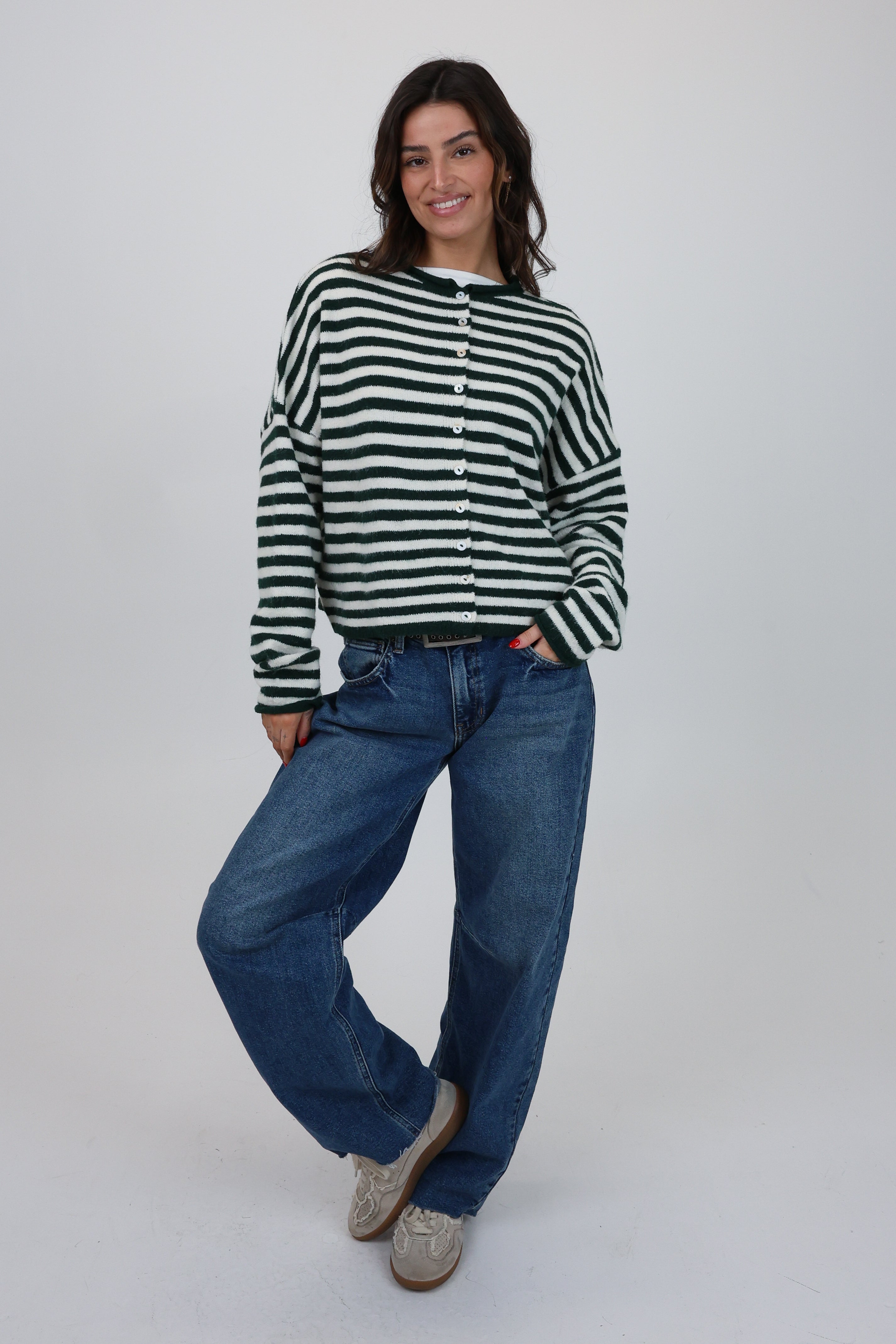 Phoebe Cardigan in Green/White Stripe