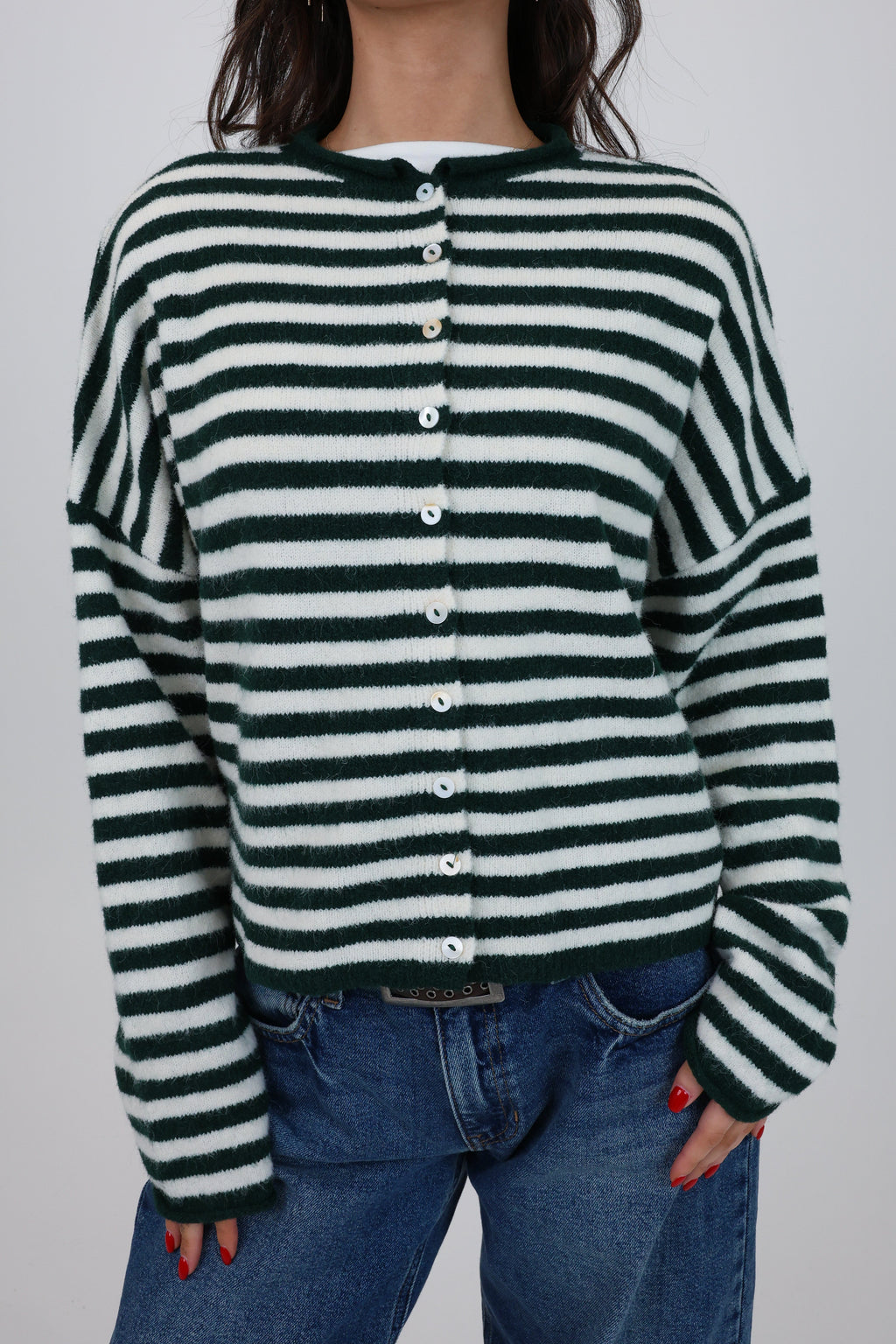 Phoebe Cardigan in Green/White Stripe