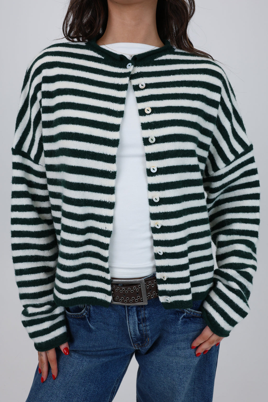 Phoebe Cardigan in Green/White Stripe