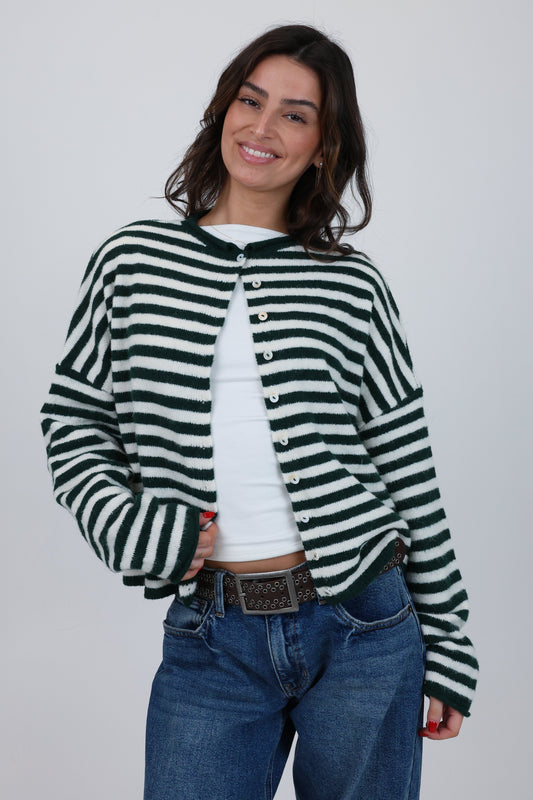 Phoebe Cardigan in Green/White Stripe