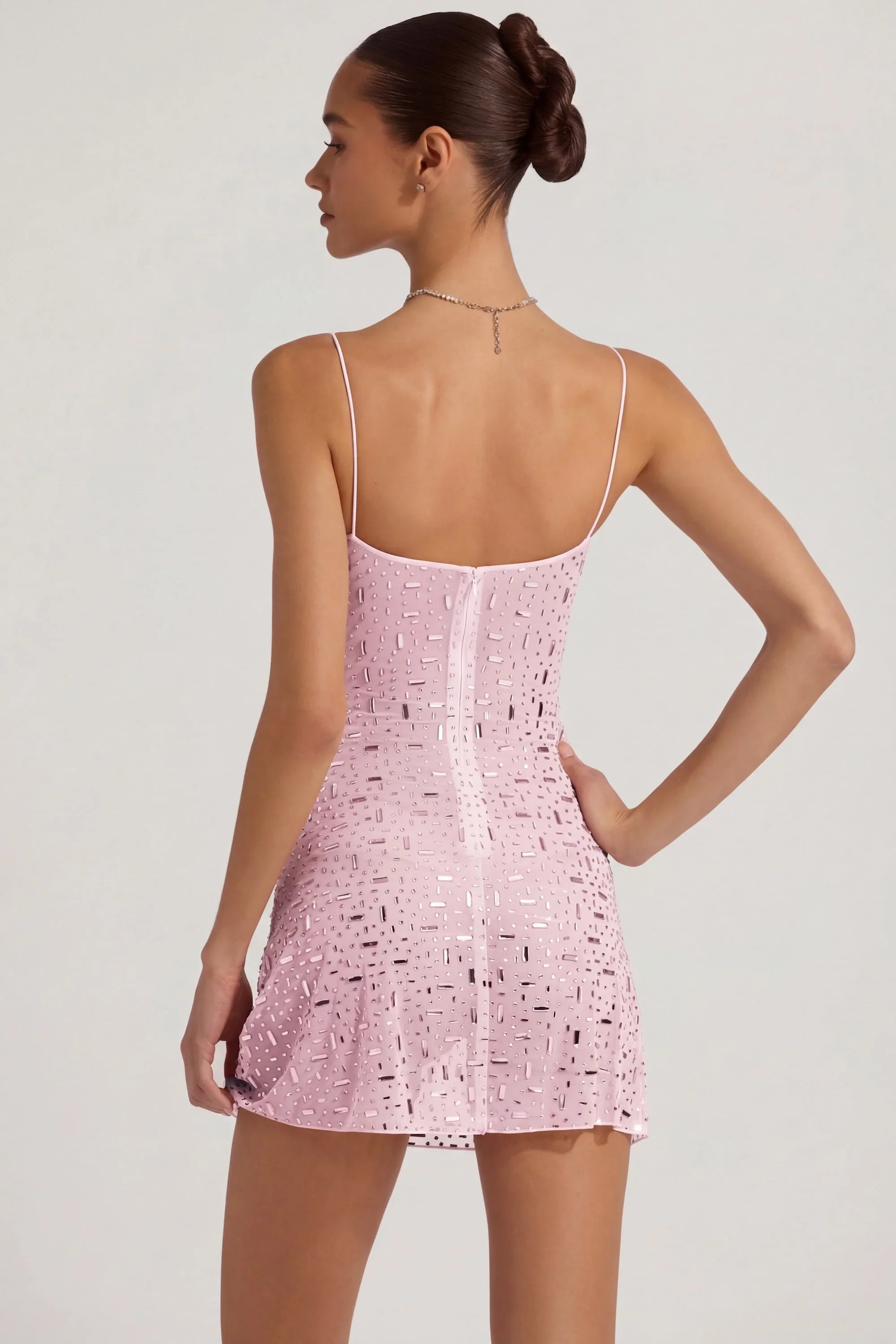 Sheer Embellished Square-Neck Mini Dress in Pink