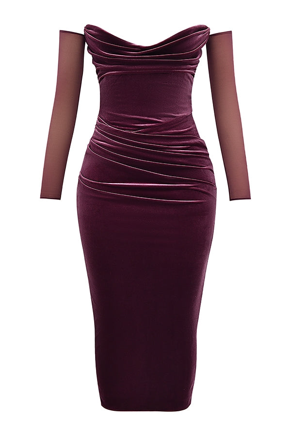 mulberry strapless midi dress