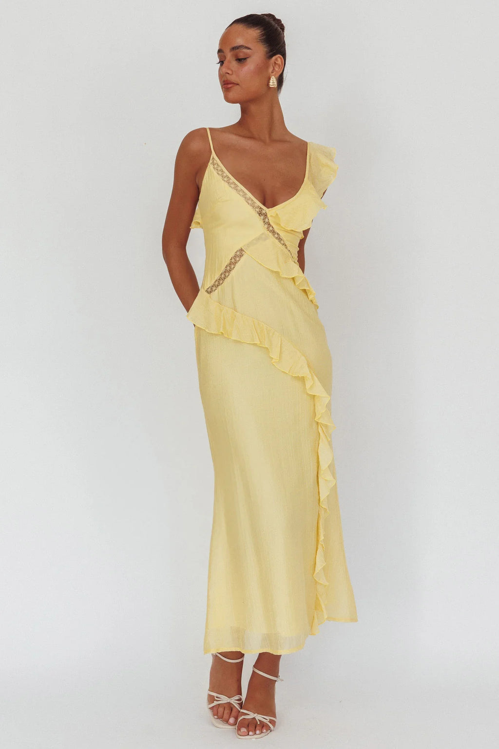 La Estrella Ruffle And Lace Trim Maxi Dress Butter