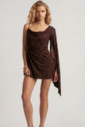 Devoré One-Sleeve A-Line Mini Dress in Dark Chocolate