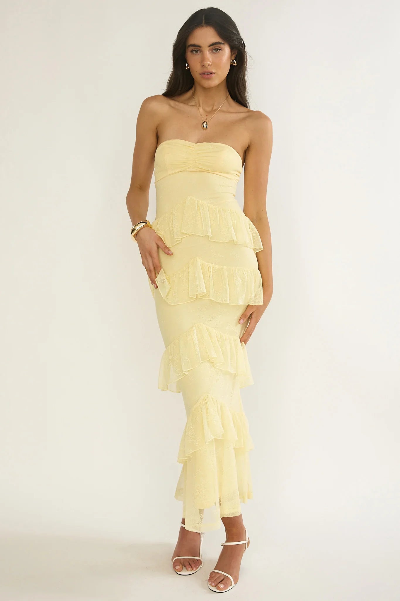 Dulce Dreams Sweetheart Neckline Lace Frill Maxi Dress Butter