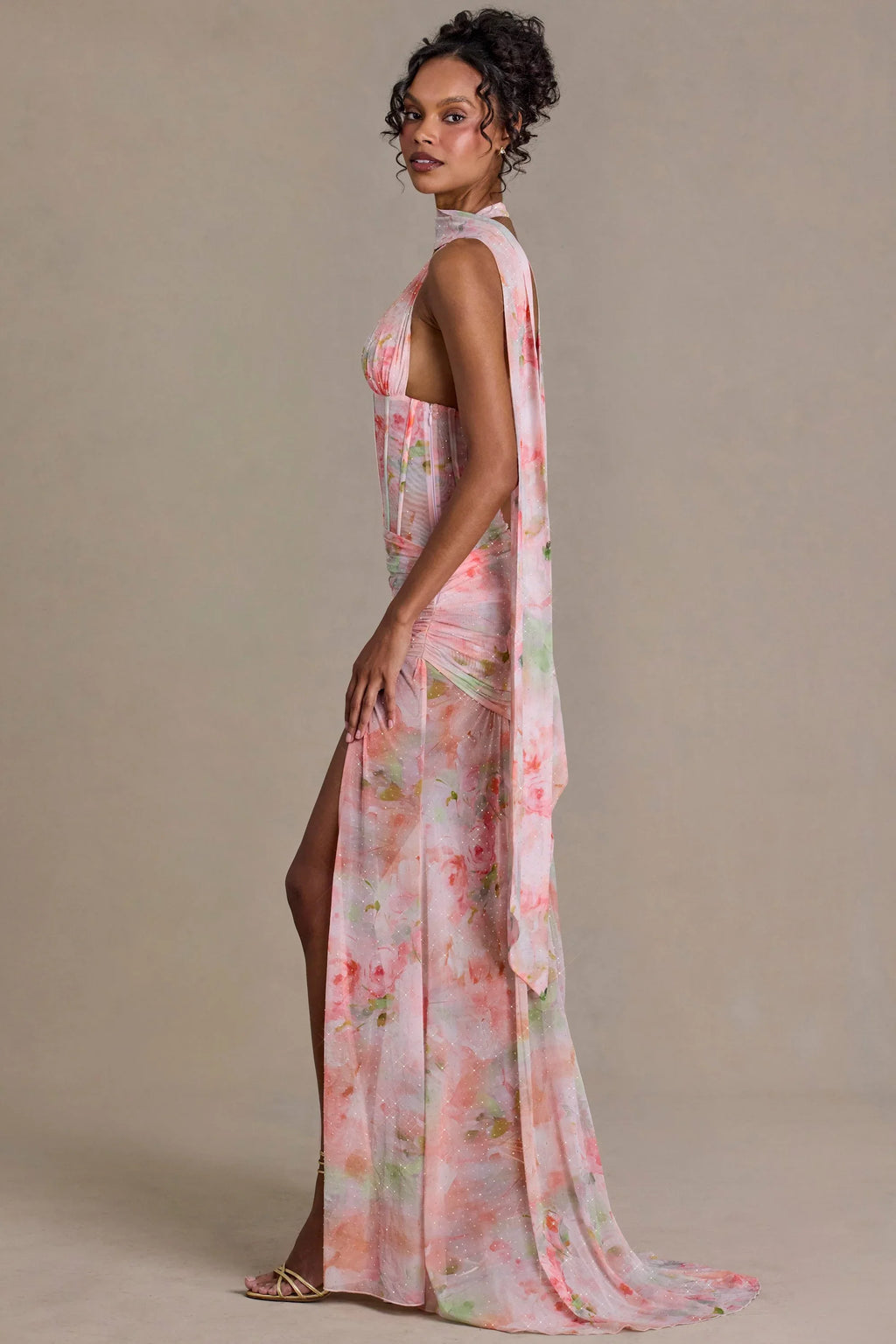 Embellished Scarf-Detail Maxi Dress in Pink Floral Print