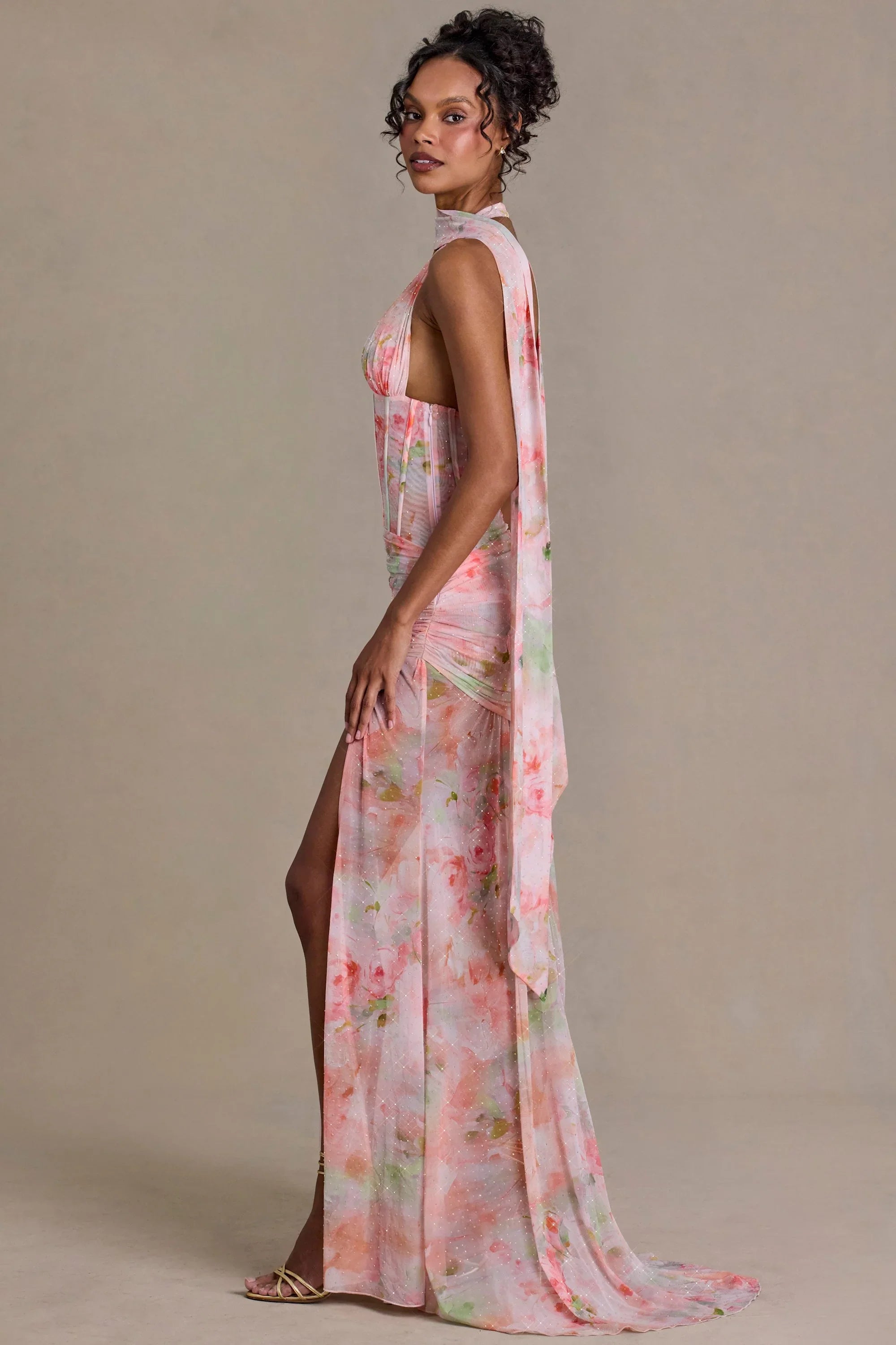 Embellished Scarf-Detail Maxi Dress in Pink Floral Print