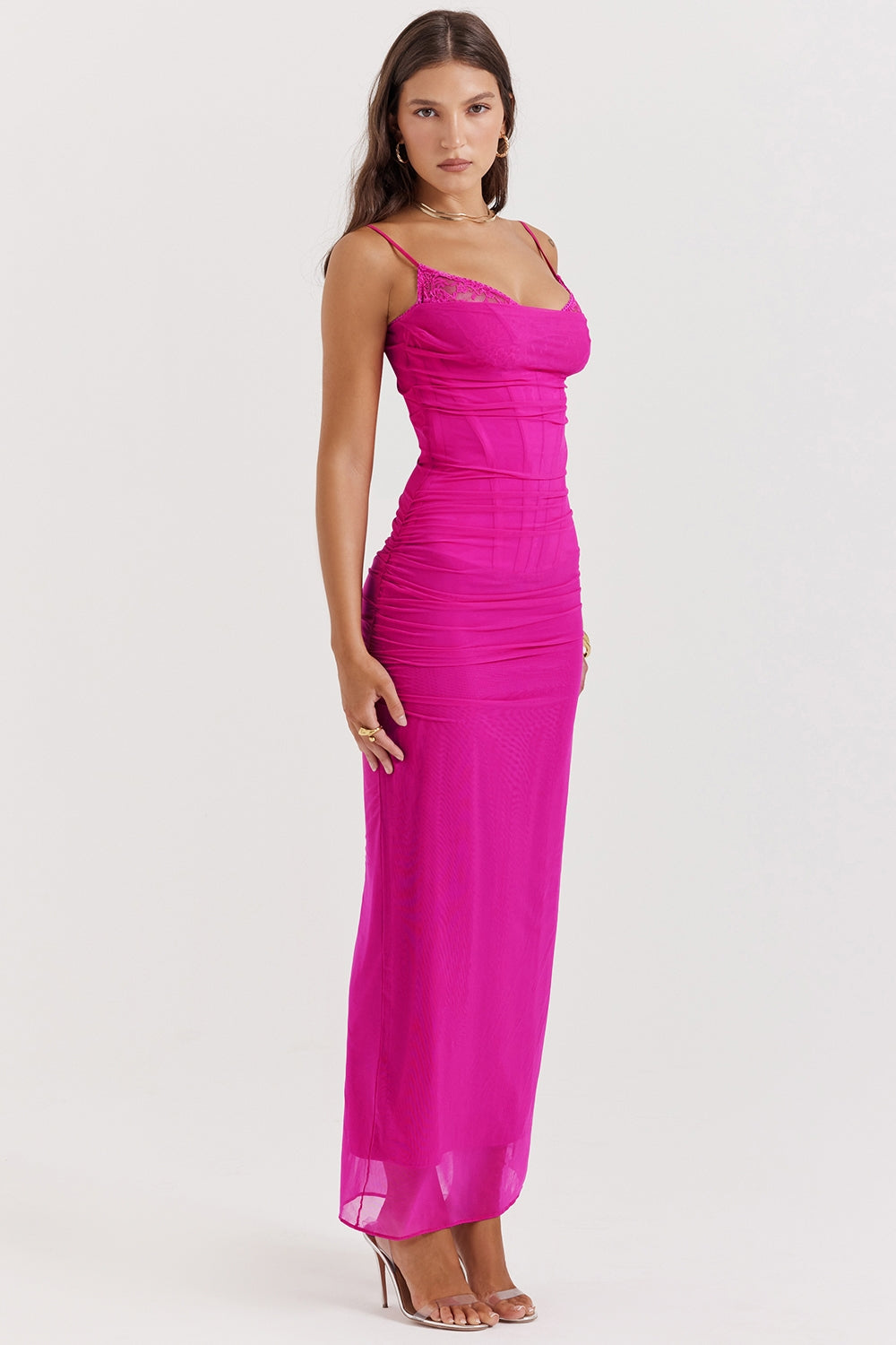 fuchsia stretch mesh maxi dress