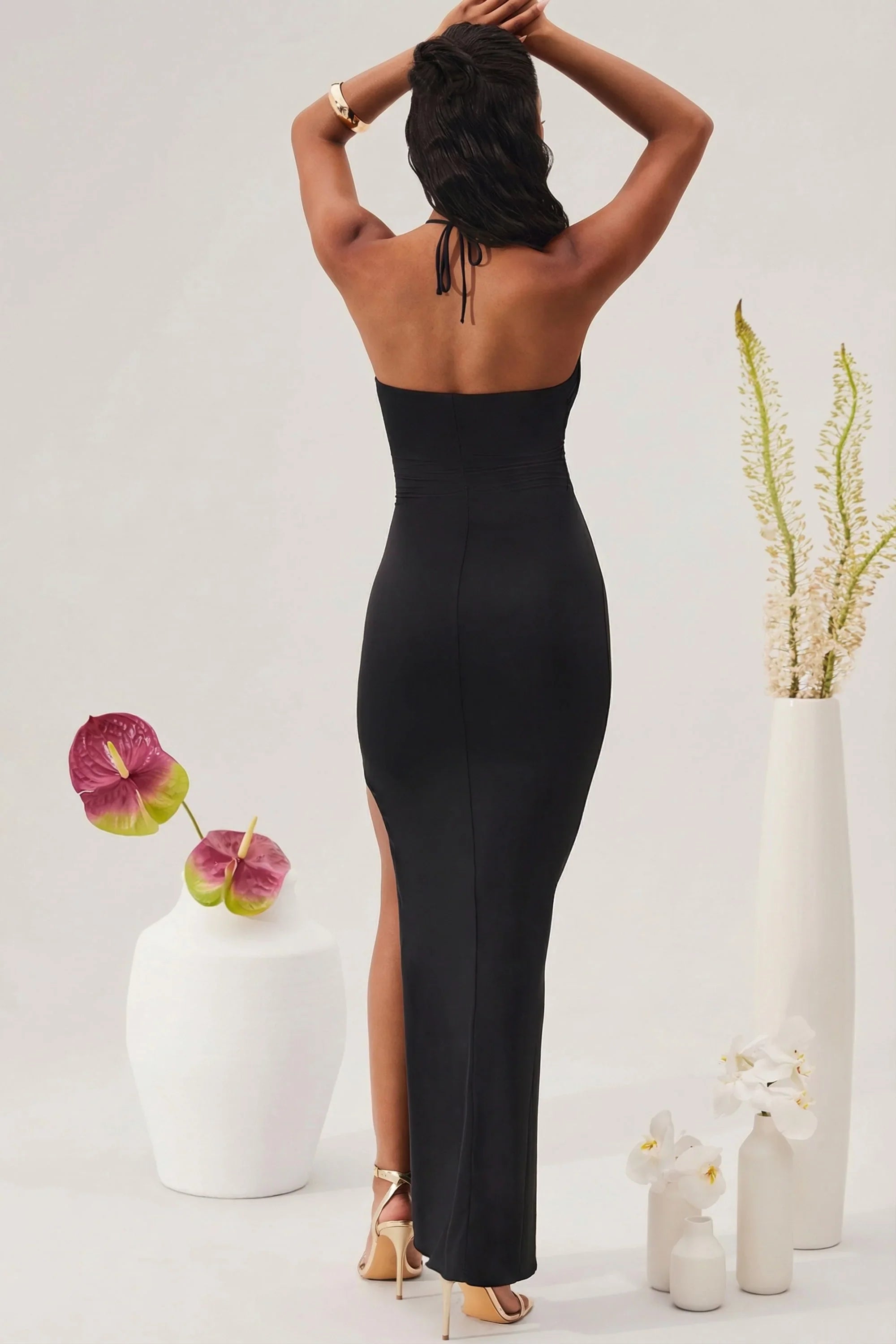 Cut Out Halter Neck Floor Length Maxi Dress in Black