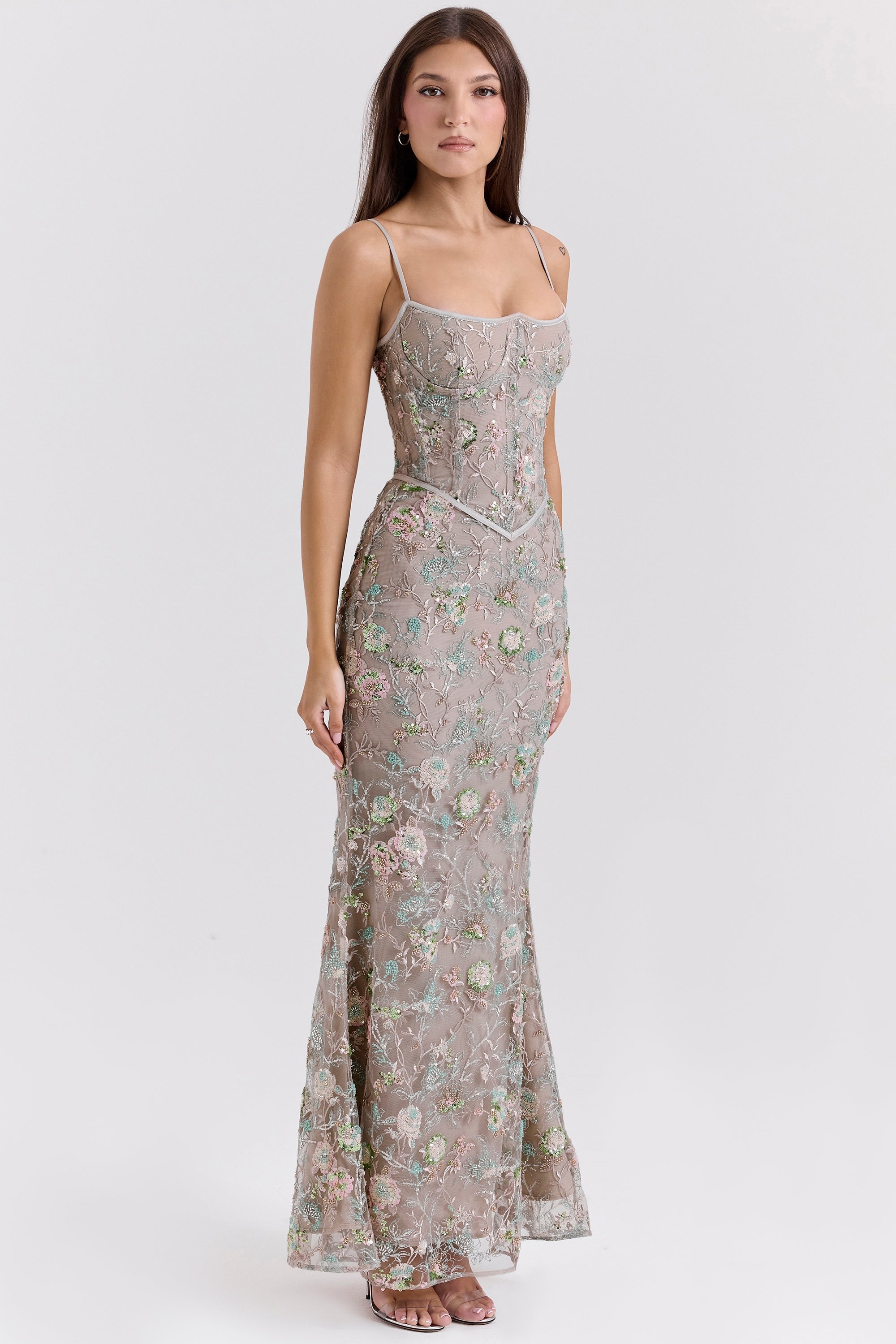 silver embellished beaded corset maxi dress